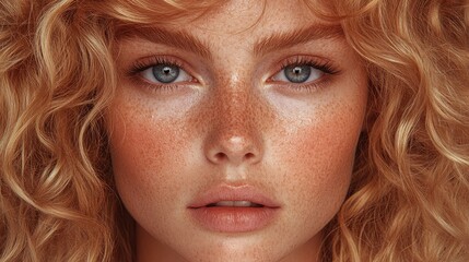 Naklejka premium Close-up view of a young woman showcasing her curly blonde hair and beautiful freckles. She has striking blue eyes and a natural makeup look, highlighting her features