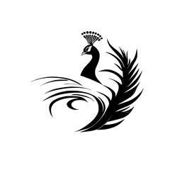 Elegant Peacock Feather Abstract Design: Black and White Bird Illustration, Perfect for Home Decor, Fashion, and Branding