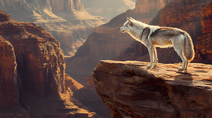 Naklejka premium A lone wolf stands on a rocky ledge overlooking a vast canyon, with the sun shining on its fur. Wild Ridge. Illustration