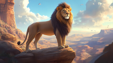 A majestic lion with a thick mane stands on a rocky ledge overlooking a desert landscape. Wild Ridge. Illustration