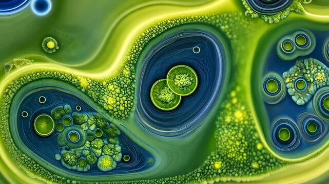 Colorful microscopic view of bacteria and algae in a vibrant aquatic environment showcasing unique cellular structures