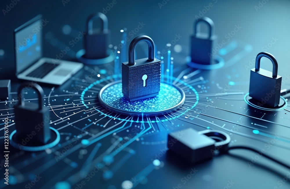 Leinwandbilder Modern tech illustration shows secure network connection. Padlocks, laptop represent data protection. Illustration highlights cyber security. Digital system with tech elements demonstrates secure