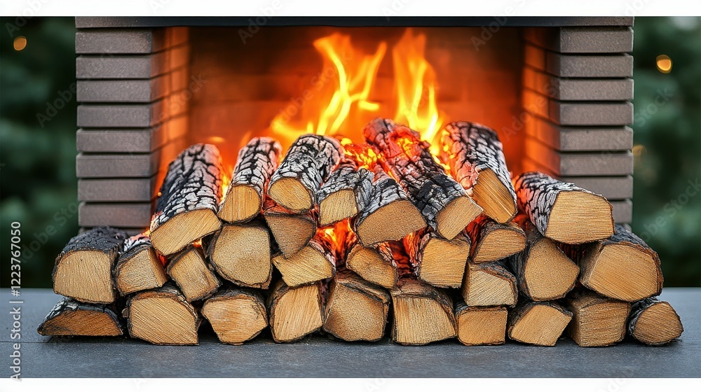 Poster a warm glow emits from the fireplace where logs are stacked neatly, creating a cozy atmosphere on a 