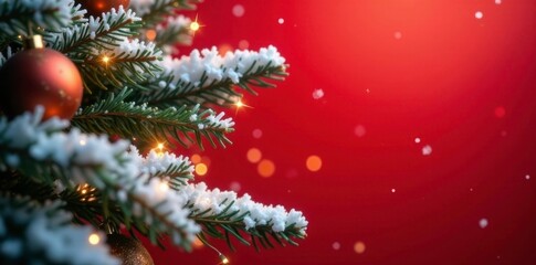 Fototapeta premium Snow-covered pine branches against a red background with twinkling lights, festive decor, branches,