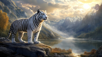 Naklejka premium A majestic white tiger stands on a rocky ledge overlooking a still body of water, with the sun shining through a mountainous landscape behind it. Wild Ridge. Illustration
