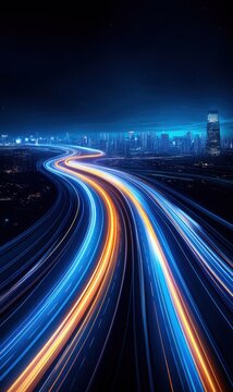 Dynamic Night Scene of City Highway with Colorful Light Trails and Urban Skyline Under Starry Sky