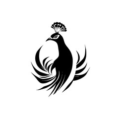 Elegant Peacock Bird Design: Black and White Stylized Vector Illustration. Perfect for logos, symbols, and graphic designs.