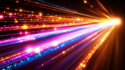 Fototapeta premium Bright, colorful beams of light in shades of pink, blue, and orange extend outward from a glowing center, creating an energetic and captivating visual display suitable for abstract interpretations