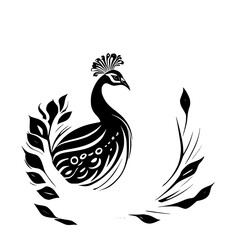 Fototapeta premium Elegant Peacock Bird: Black and White Stylized Illustration. A sophisticated design featuring a peacock in monochrome, perfect for decor, prints, and more.