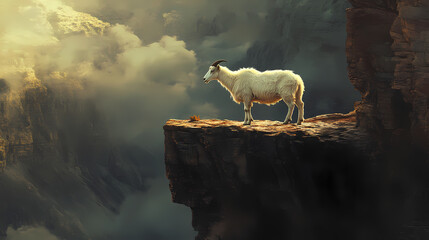 Animal photography of mountain white goat standing alone on rocky ledge. Wild Ridge. Illustration