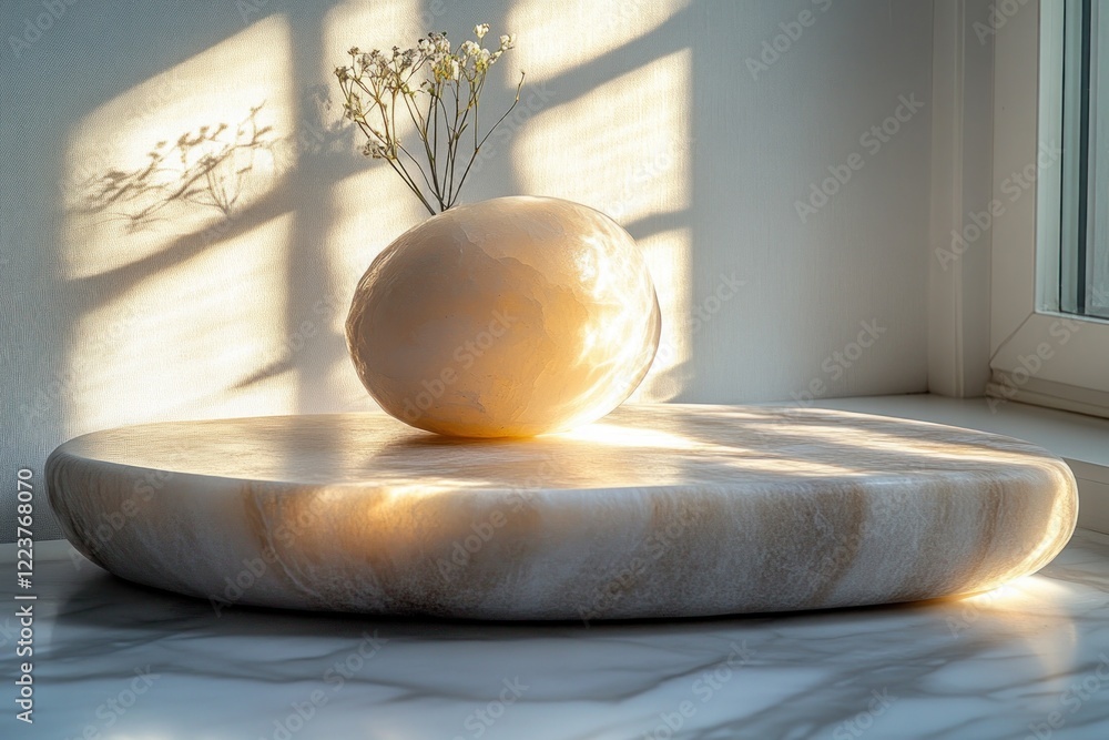 Poster white marble countertop with tree shadow for product display in scandinavian style
