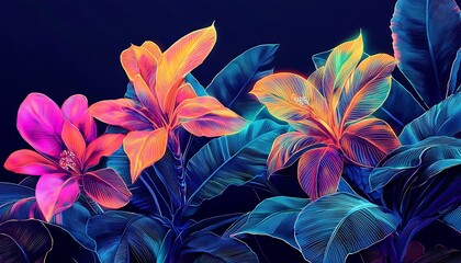 Botanical illustrations with a neon twist, digital artworks that highlight plants and flowers using neon lines and colors.