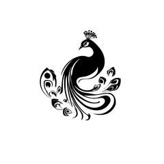 Elegant Peacock Silhouette: Black and White Bird Design.  Ornate Feathers, Wildlife Art, Abstract Graphic, Decorative Pattern, Regal Symbol
