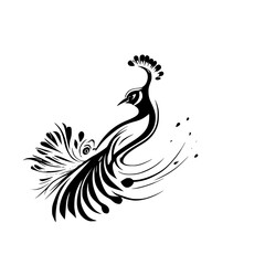 Elegant Peacock: Black and White Abstract Bird Design.  A stylized illustration of a peacock, showcasing its beautiful tail feathers in an artistic, abstract style.