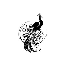 Fototapeta premium Elegant Peacock Silhouette: Black and White Bird Feather Design. Ornate Tail, Wildlife Art, Nature Graphic, Decorative Pattern, Vintage Style, Symbol of Beauty and Royalty.