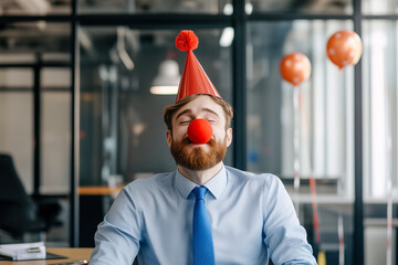 A man in a red hat and a red nose is sitting at a desk