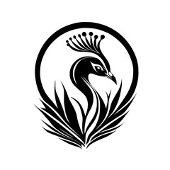 Elegant Peacock Bird Design: Black and White Stylized Vector Illustration of a Peacock in a Circle