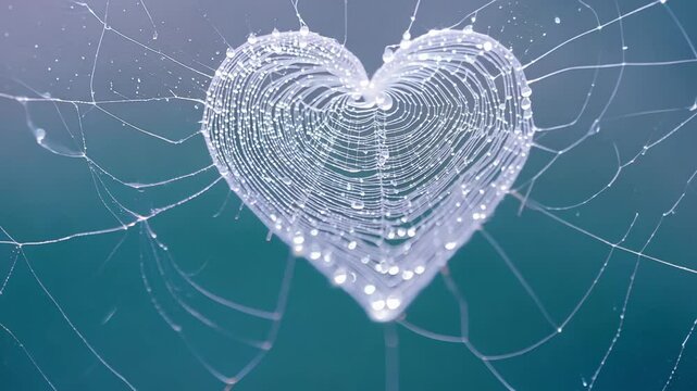Ambient light, zoom in video to reveal a sparkling heart materializing from dew on a spiderweb, delicate threads glisten