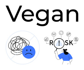 Vegan text above icons of emotional well-being with sad face and risk assessment with magnifying glass. Ideal for lifestyle, mental health, analysis, sustainability, minimalism, diets, abstract line