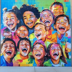 Obraz premium A colorful painting of a group of children with their mouths open and smiling