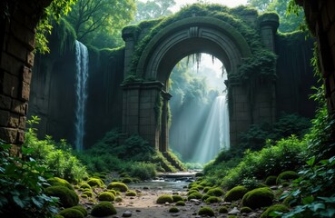 Ancient stone archway overgrown with rich vegetation, moss. Waterfall cascades down rocky ravine. Sunlight streams through archway illuminating rich greenery, moss-covered stones. Mysterious, serene