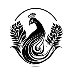 Fototapeta premium Elegant Peacock Bird: Black and White Ornate Feather Design. A stunning vector illustration, perfect for home decor, fashion, or branding.