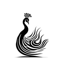 Obraz premium Elegant Peacock Silhouette: Abstract Bird Design, Black and White Vector Graphic, Nature-Inspired Art