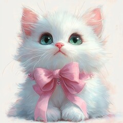 Cute Fluffy White Kitten with Green Eyes and Pink Bows in Watercolor Style