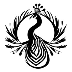 Elegant Peacock: Black and White Abstract Bird Design.  A stylized graphic illustration of a peacock, perfect for home decor, fashion, or logo design.