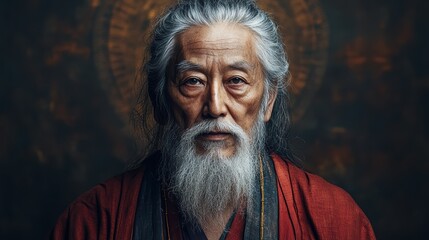 Fototapeta premium An elderly man with a long, white beard and deep-set eyes gazes thoughtfully into the distance. He wears a traditional robe, exuding wisdom and serenity against a softly lit background