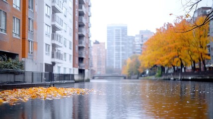 Obraz premium Autumnal canal-side city view, rain, fallen leaves. Urban landscape, tranquil scene