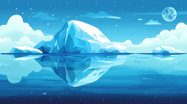 Iceberg reflection in blue lagoon. Winter Lagoon. Illustration
