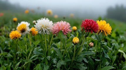 Colorful Blooming Flowers in a Misty Field Surrounded by Lush Green Foliage, Capturing the Beauty of Nature and Floral Diversity in Soft Light