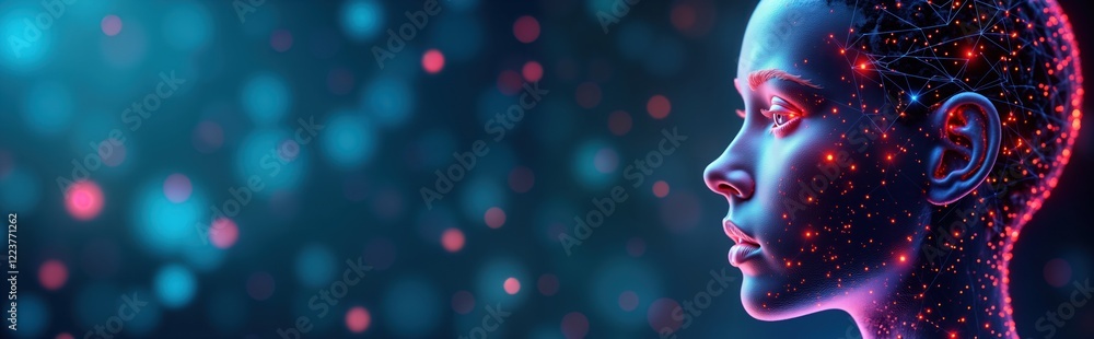 Aufkleber Tech-human profile picture. Woman face in profile view with digital glow. Network lines connected to face. Modern style concept of tech humanising digital background. Digital connections form