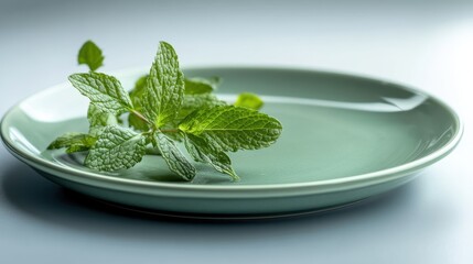 Close-up of Fresh Mint Sprigs on Ceramic Plate