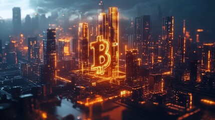 Fototapeta premium A holographic cityscape rises from the ground with skyscrapers made of digital currency representing the convergence of technology and finance in a decentralized world.