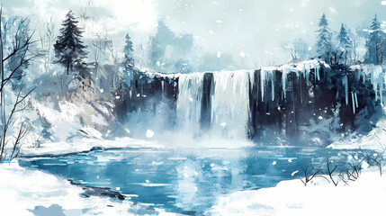 Waterfall in a lagoon surrounded by snow. Winter Lagoon. Illustration