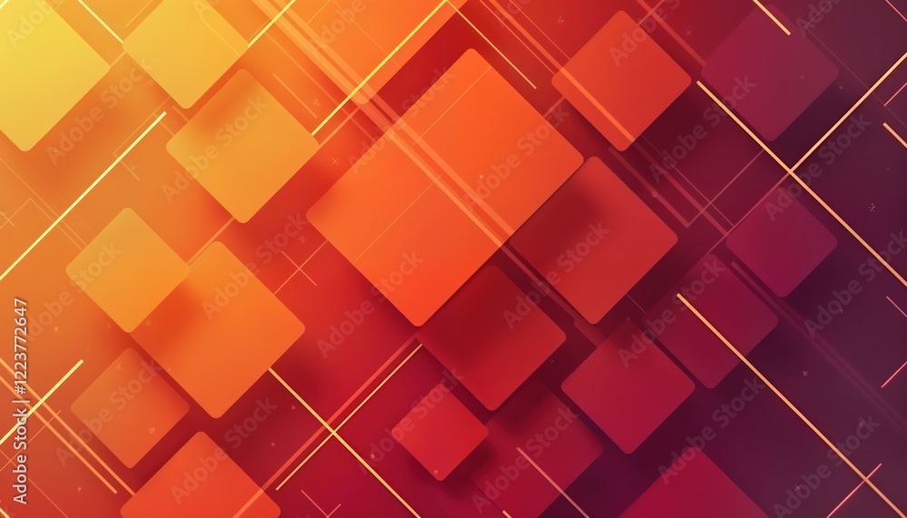 Poster Abstract geometric design with orange, magenta squares. Dynamic overlapping shapes create modern presentation background. Suitable for various purposes like fliers, web pages, seminars, corporate