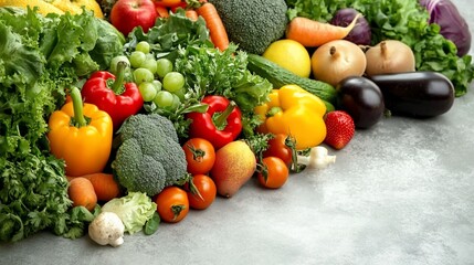 Variety of colorful vegetables and fruits are arranged in an abundant pile ready to be prepared