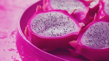 Close-up of freshly cut dragon fruit with seeds on high fidelity uniformity.