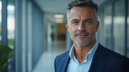 Obraz premium Confident Caucasian businessman posing for a headshot in an office corridor, smiling and standing tall as a company leader and entrepreneur