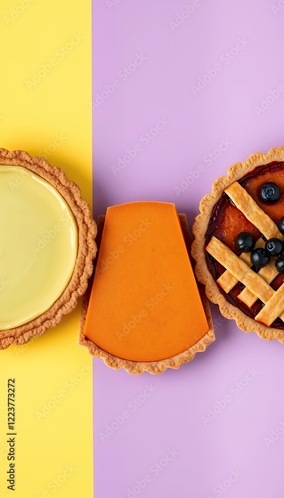 Poster assorted colorful tartlets on a two-tone background