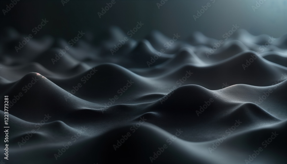 Poster Abstract 3D illustration of dark wavy shapes resembling topographic map liquid flowing. Smooth curves create textured pattern with dark gray, black gradient. Modern design perfect as background for