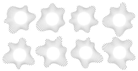 Sound wave, circular equalizer icons, round music soundwave shape, concentric energy burst. Vector illustration.