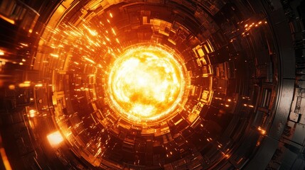 Obraz premium Fiery Orb Within a Futuristic Circular Structure