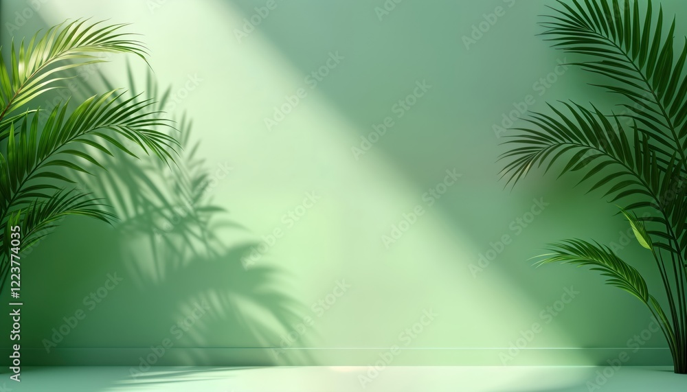 Aufkleber green wall with soft palm leaf shadows creates serene atmosphere. empty space ideal for product pres
