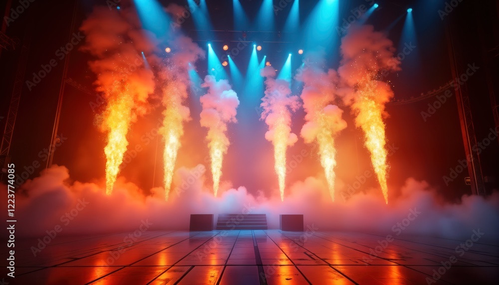 Poster explosive pyrotechnics display on stage. intense lighting, smoke create dynamic atmosphere. powerful
