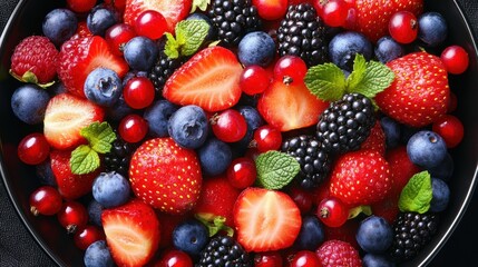 Fototapeta premium Close-up of Mixed Berries in Ceramic Bowl on Dark Background