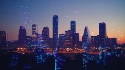 Obraz premium A dynamic city skyline illuminated at dusk accompanied by a holographic stock market ticker spiraling upwards reflecting investor optimism and economic revival.