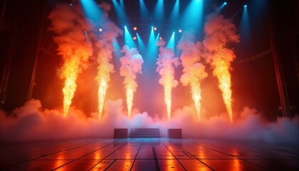 Explosive pyrotechnics display on stage. Intense lighting, smoke create dynamic atmosphere. Powerful light beams illuminate fiery effects. Stage show loaded with spectacle. Live event concert in